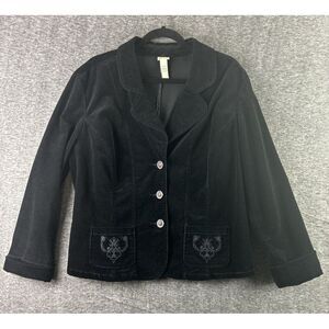 Venezia Corduroy Jacket Womens Sz. 14/16 Black 3 Buttons Embroidered Relaxed Fit